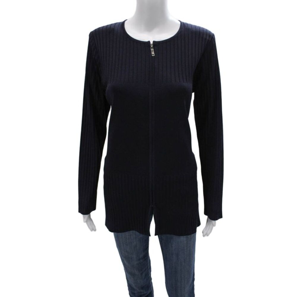 Exclusively Misook Womens Blue Striped Acrylic Cardigan Long Sleeve Size S